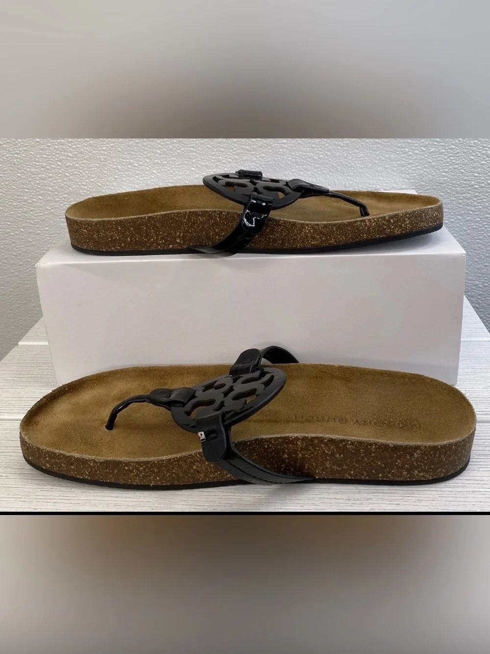 Tory Burch Miller Cloud Sandals Women's Size 10 Patent Black Leather EUC
